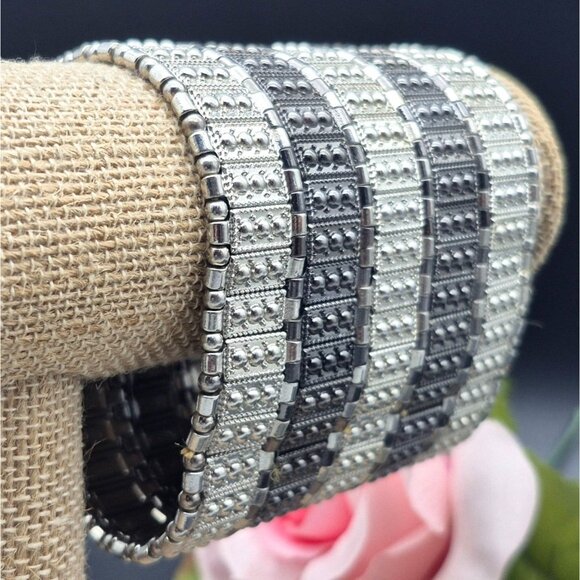 Wide Bracelet Chunky Silver & Black Tone Stretch One Size Rocker Punk - Picture 3 of 6